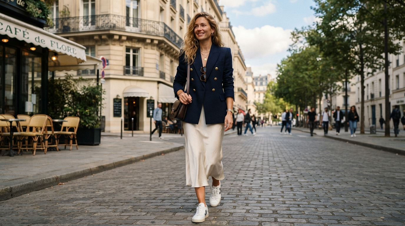 Navy Wool Blazer over Silk Slip Skirt & White Sneakers